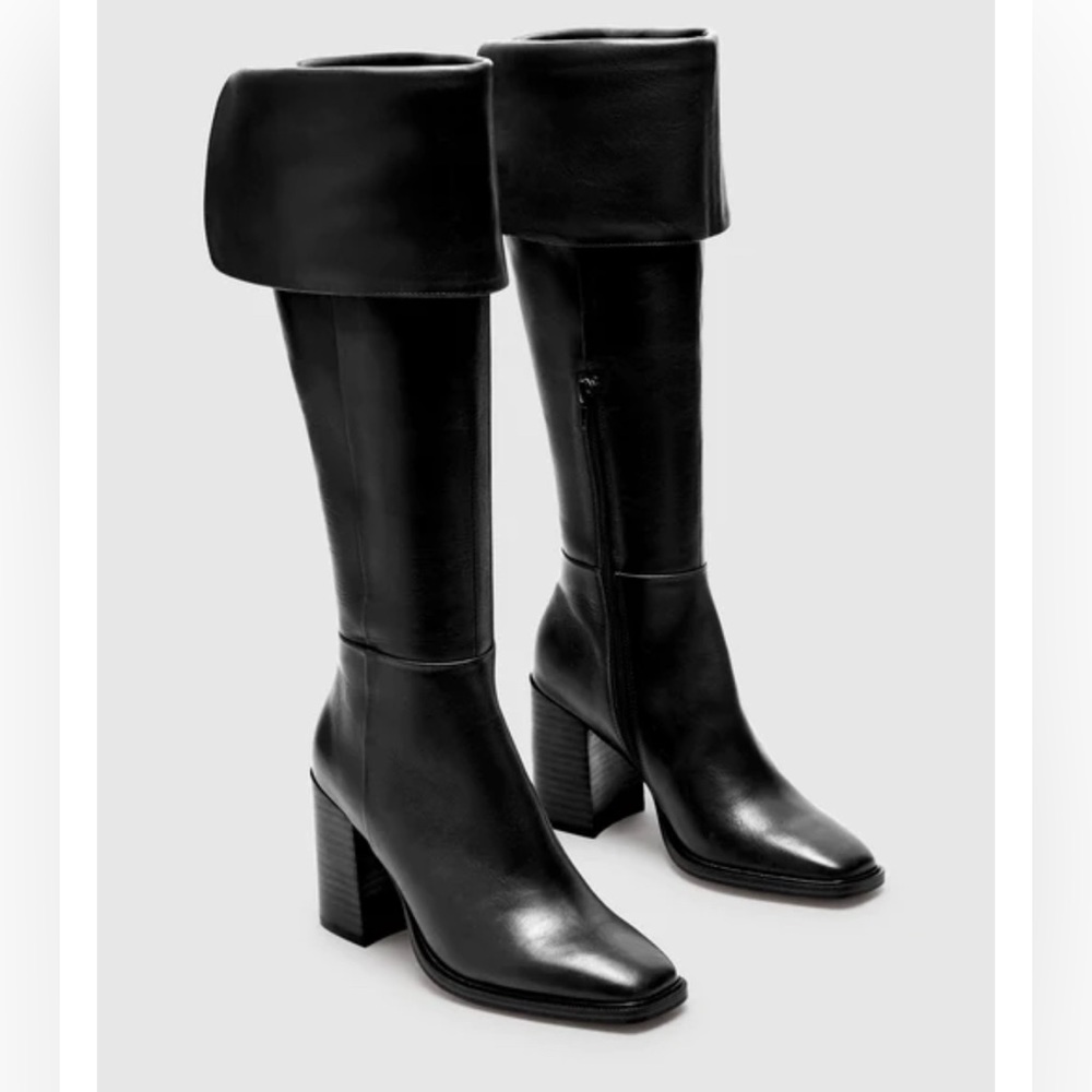 square toe knee boot with a chunky block heel with a wide foldover topline.